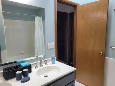 a bathroom with a sink and a mirror at Perrysburg On The River in Perrysburg