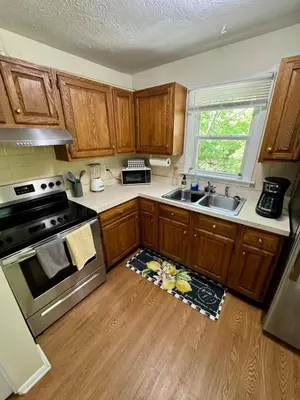 a kitchen with wooden cabinets and a kitchen rug on the floor at The Creekside Oasis Duplex - Central Avon in Avon