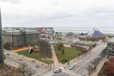 a view of a city with cars on a street at Luxury Downtown King Bed, Rooftop Pool in Cleveland