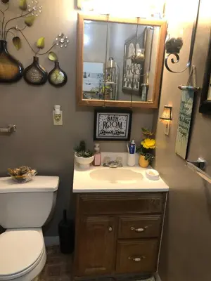 a bathroom with a toilet and a sink and a mirror at Suite Serenity in Cleveland
