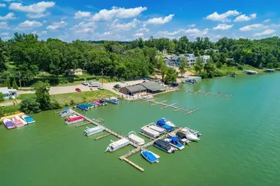an aerial view of a marina with boats in the water at The Heron House
