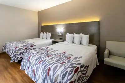 a hotel room with two beds and a chair at Red Roof Inn Springfield, OH in Springfield