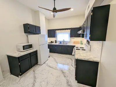 a kitchen with black cabinets and a white refrigerator at Downtown 3 Bed Loft Apartment in Delaware