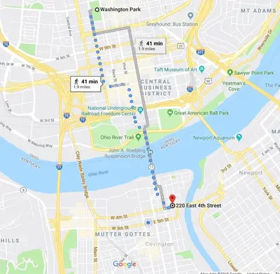 a map of a city with a red dot at Free Downtown Parking Walk to Stadiums and Shopping in Covington