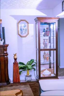 a living room with a glass cabinet with a plant in it at Family size house in Reynoldsburg