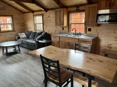 a kitchen and living room in a log cabin at Wayne Cabin