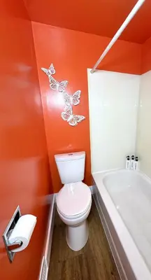 an orange bathroom with a toilet and a bath tub at 3 Bedroom Home, near downtown, Tremont, Ohio City! in Cleveland