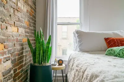 a bedroom with a plant next to a brick wall at Bamboo Bungalow by Jungle House Near Convention Center OSU & Nationwide Arena Walk to High Street Downtown & Short North 5 800 Reviews Private Parking in Columbus