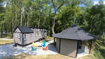 an aerial view of a tiny house and a gazebo at Hagrid's Hut - Harry Potter Riverfront Experience in New Richmond