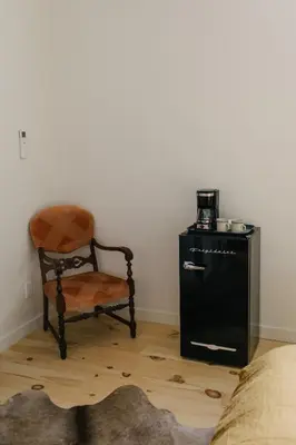 a black refrigerator and a chair in a room at Hotel Royal in Toledo