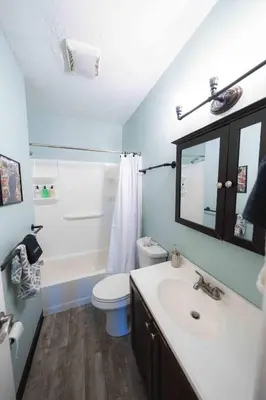 a bathroom with a sink and a toilet and a mirror at Bright and Hip 2BR Condo in Heart of Ohio City in Cleveland