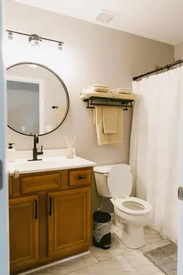 a bathroom with a toilet and a sink and a mirror at 