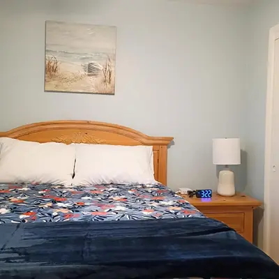 a bedroom with a bed with a blue comforter at Cliffside Cottage in Mansfield