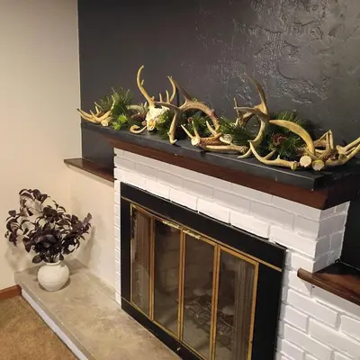 a fireplace with antlers on top of it at Cliffside Cottage in Mansfield
