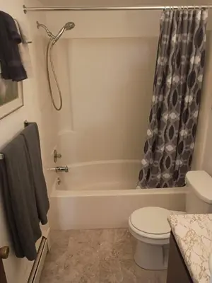 a bathroom with a tub and a toilet and a shower at Lakewood Apartment No 9 in Lakewood