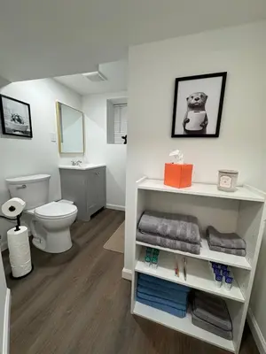 a bathroom with a toilet and a sink at Brand new first floor studio in quiet neighborhood in Akron