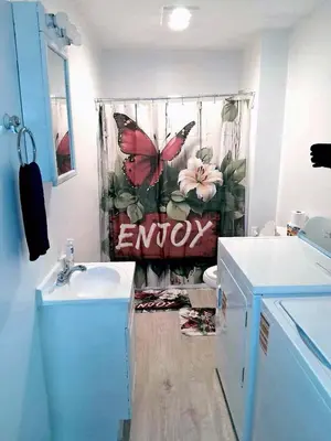 a bathroom with a butterfly shower curtain and a sink at Cosy single-level home with laundry and parking in Huntington