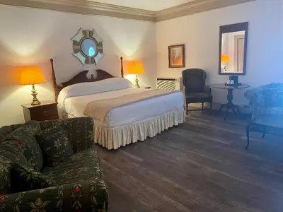 a bedroom with a bed and a couch and a mirror at Mario's International Spa, Hotel & Restaurant in Aurora