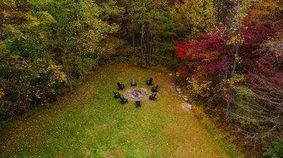 an overhead view of a picnic table in the middle of a park at The 312 House| A Boho Retreat| Hocking Hills in Logan