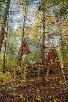 a barn in the middle of the woods at Waterfront A- Frame with Dock, Canoe + Kayaks in Rockbridge
