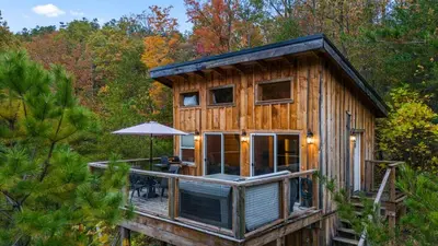 a wooden cabin in the woods with an umbrella at The Dragonfly - Tiny Mountaintop Cabin with Hot tub in Stanton