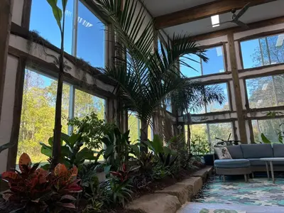 a conservatory with windows and a couch and plants at The Conservatory at Owl Hollow in Woodsfield