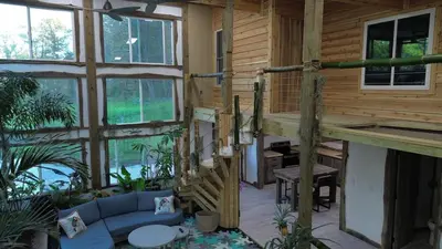 a house with a staircase and a blue couch at The Conservatory at Owl Hollow in Woodsfield