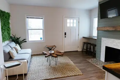 a living room with a couch and a fireplace at Green Oasis - Studio in Downtown Lexington in Lexington