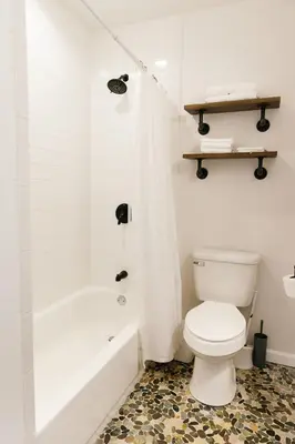 a white bathroom with a toilet and a shower at Green Oasis - Studio in Downtown Lexington in Lexington