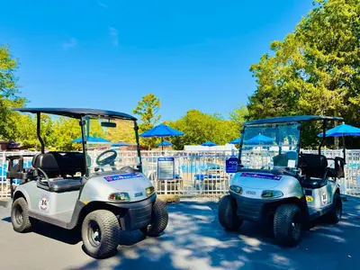 two golf carts are parked next to each other at Put-in-Bay Island Club #21 in Put-in-Bay