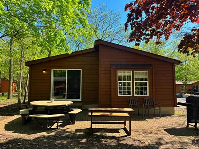 a small cabin with a table and a picnic table at Put-in-Bay Island Club #99 in Put-in-Bay