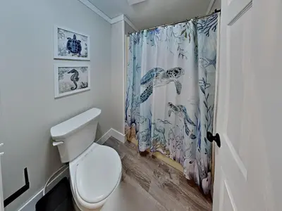 a bathroom with a toilet and a shower curtain at Put-in-Bay Island Club #68 in Put-in-Bay