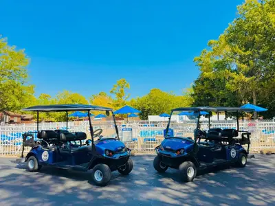 two golf carts parked next to each other at Put-in-Bay Island Club #62 in Put-in-Bay