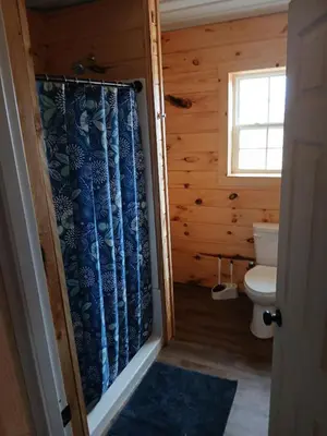 a bathroom with a toilet and a shower curtain at A Million Dollar View in Owenton