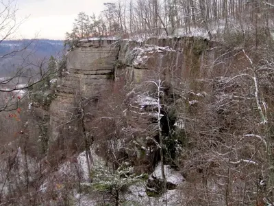 a cliff in the woods with snow on it at Alice Rocks - Pet Friendly, Firepit, WiFi in Frenchburg