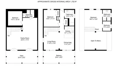 three different floor plans of a house at Birdsong- Hot Tub, Game Room, Firepit, WiFi in Stanton