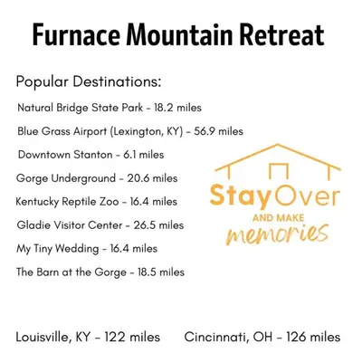 a flyer for a performance mountain retreat with the names of the venues at Furnace Mountain Retreat- Hot Tub, Fireplace, WiFi in Stanton