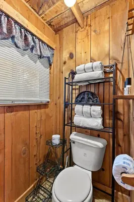 a bathroom with a toilet and towels in a cabin at Sugar Shack - Cave Run Lake OR Red River Gorge KY in Wellington