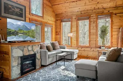 a living room with a couch and a fireplace at Beary Cozy- No Pet Fee, Hot Tub, Fireplace, WiFi in Slade