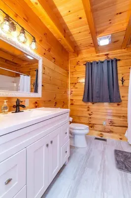 a bathroom with a sink and a toilet in a cabin at Cozy Canopy- Hot Tub, Firepit, Covered Deck, WiFi in Stanton