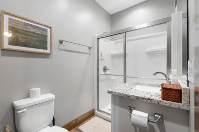 a bathroom with a shower and a toilet and a sink at Calaboose Retreat- Hot Tub , Pool Table, Fireplace in Campton