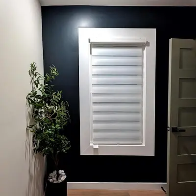 a window with a white shutter in a black wall at Downtown Cincinnati Boutique at Newport 3BR with 100in Cinema TV in Dayton