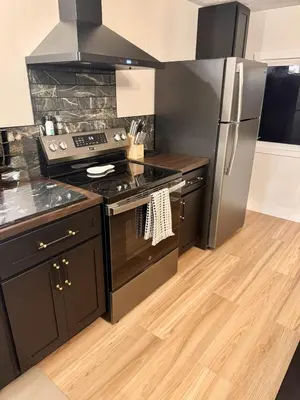 a kitchen with a stove and a refrigerator at Logan’s Lookout over Mohican - Modern Farmhouse in Loudonville