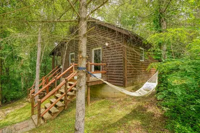 a log cabin with a hammock in the woods at Havenwood in Logan