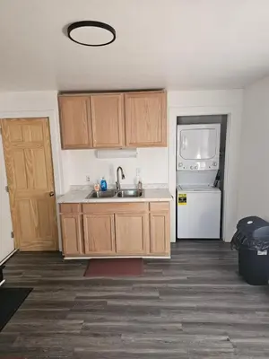 a kitchen with wooden cabinets and a sink and a refrigerator at Furnished 2-bedroom Downtown Anderson IN in Anderson