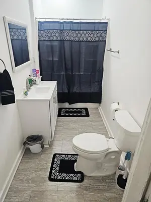 a bathroom with a toilet and a sink and a shower at Furnished 2-bedroom Downtown Anderson IN in Anderson