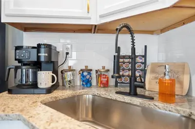 a kitchen counter with a sink and a coffee maker at Spacious King Suite, Game Room, Patio, Firepit in Lexington