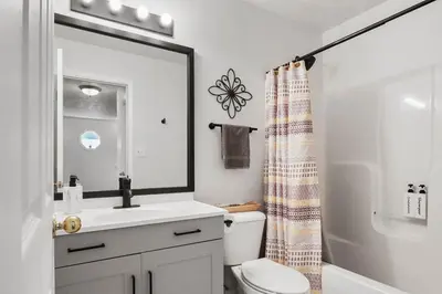 a bathroom with a sink and a toilet and a mirror at Spacious King Suite, Horses, Fire Pit, Garage in Lexington