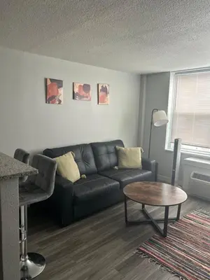 a living room with a couch and a table at Cozy 1 bedroom apartment near downtown Cincinnati in Cincinnati