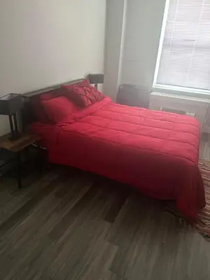 a large red bed in a bedroom with a window at Cozy 1 bedroom apartment near downtown Cincinnati in Cincinnati